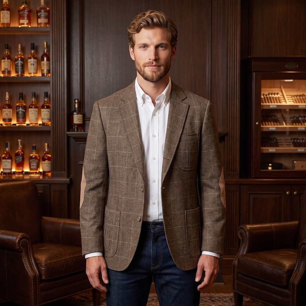 Kroon Silk Linen Blazer Mens 44R Brown Windowpane Elbow Patch Sport Coat Jacket